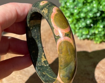 KABAMBY Ocean Jasper Bangle Bracelet with Pink Olive Orbs, Orbicular Ocean Jasper old stock collectors edition jewelry, #78