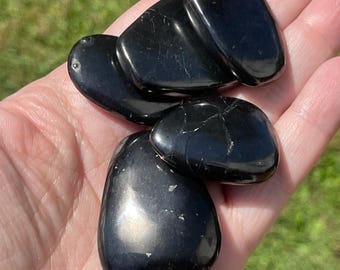 Genuine Shungite Polished Flat Stone Palmstone Crystal - Unique natural pocket Freeform rock