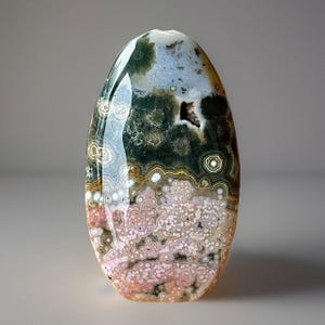 7th Vein Ocean Jasper Freeform with Pink Bubbles and Green Quartz, Orbicular Jasper Rounded Flame, Madagascar Jasper