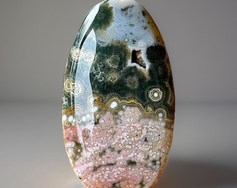 7th Vein Ocean Jasper Freeform with Pink Bubbles and Green Quartz, Orbicular Jasper Rounded Flame, Madagascar Jasper