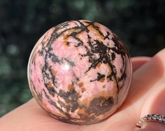 Rhodonite Small Sphere, Pink Manganese Crystal Orb with Dark Oxide Veins