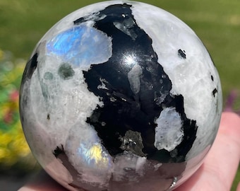Rainbow Moonstone w/black Tourmaline and green Apatite, XL Flashy Moonstone Orb (73)