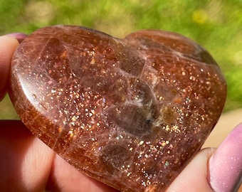 Arusha Sunstone Big Heart , AAA Grade Crystal Gifts , Confetti Golden Sunstone with smoky quartz