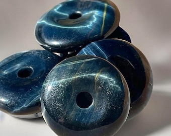 Blue Tigers eye Donut Crystal Bead, Circle Crystal Pendant, Tigers Eye Gemstone Sphere Stand