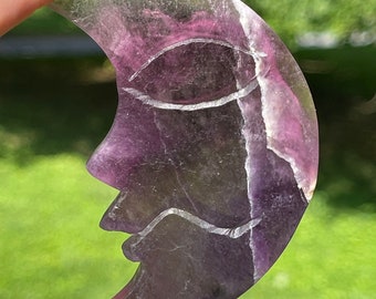 Fluorite Purple Moon Crystal Carving, Colorful Fluorite Face Moon , Celestial Crystals