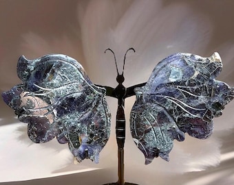 Iolite Sunstone & Hematite Butterfly Wings on a Custom Black Stand, AAA Confetti Iolite, High Quality Minerals, Whimsical Home Decor