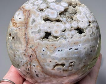 8th Vein Blue Ocean Jasper Statement Sphere with druzy • Orbicular Jasper Crystal Gift • AAA Collectors Madagascar Jelly Jasper Ball 94mm