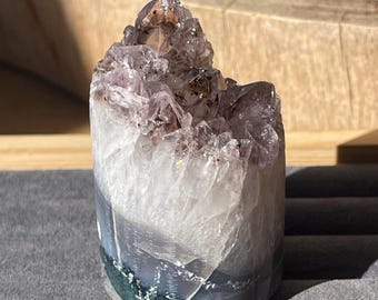 Amethyst Core Cluster with Cacoxenite Inclusions on Agate Base, Natural Phantom Crystal Cluster (93)