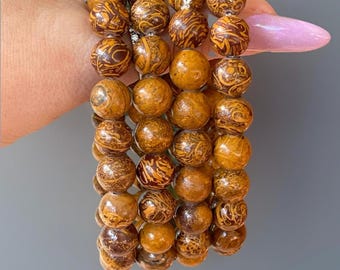 Calligraphy Stone Beaded Bracelet - 10mm Beads, Natural Mariam Stone Bracelet, Layering Gemstone Jewelry