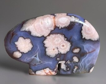 Blue & Pink Flower Agate Bear, Crystal Zuni Style Bear Carving, Spirit Animal Gift, Natural Stone Bear Sculpture