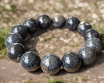 Black Coral Jade Fossil Large Bead bracelet | Chrysanthemum Coral Bracelets