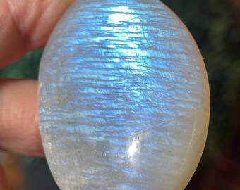 Green Moonstone Palmstone • Incredible BLUE Flash Silky Moonstone • Unique & Rare Crystal Find