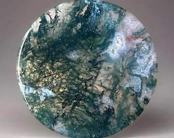 Moss Agate Cookie Flat: Translucent Scenic Crystal Disk, Polished Gemstone Pocket Round Stone (459)