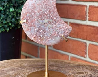 Amethyst Flower Agate Large Moon on a golden custom stand - #11
