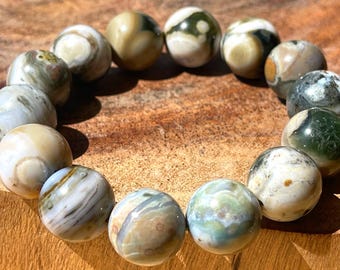 8th Vein Ocean Jasper Bracelet 14mm beads, Orbicular Ocean Jasper Jewelry
