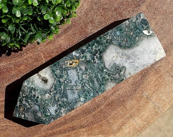 Moss Agate Obelisk with Rainbow Quartz - #5