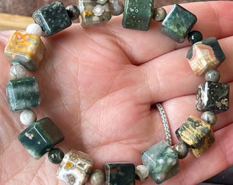 8th Vein Ocean Jasper Cube Beaded Bracelet, Orbicular Ocean Jasper old stock collectors edition Colorful 12mm & 6mm beads, #21