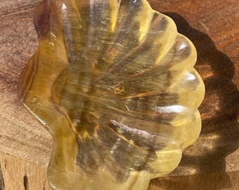 Yellow Fluorite Crystal Bowl, Bicolor Orange Rainbow Fluorite trinket Dish