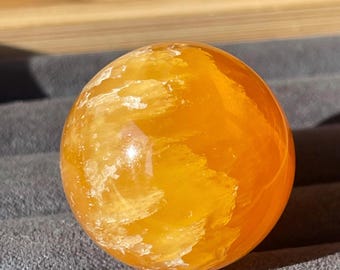 Orange Calcite Sphere with Stunning Color Saturation, Gemmy Jelly Orange Calcite Crystal Ball (422)