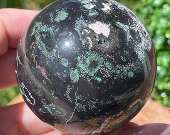 Black Emerald Sphere, Rare Find Crystal gift, Black & Green Crystal Ball - #30
