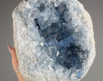 Dark Blue Celestite Cluster Geode From Madagascar, Gemmy Statement Celestine Specimen Double Sided 9lb 12.3 oz