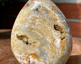 8th Vein Ocean Jasper Flame , Blue & Yellow Orbicular Jasper Freeform , Madagascar Ocean Jasper