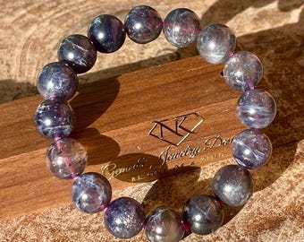 Iolite Sunstone Bracelet - Stretchy 12mm beads, Gemmy Purple Blue Iolite Beaded bracelet, Collector’s edition handmade Unique Jewelry