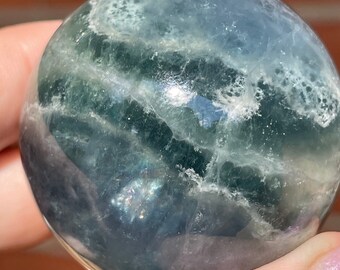 Green Mica Fluorite Sphere with Rainbows, Sea Blue Fluorite sphere, AAA Crystals, Metaphysical Home decor, Rainbow Mica Fluorite Ball