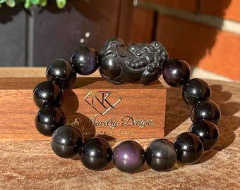 Rainbow Obsidian Pixiu Bracelet - 14mm Beads, Stretch gemstone bracelet, Black Obsidian bracelet, Unique Handmade Jewelry