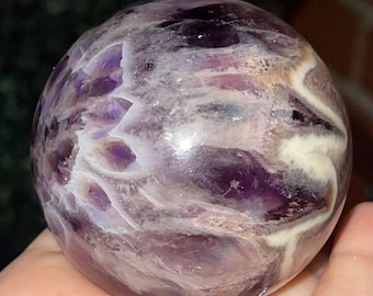 UV reactive Chevron Amethyst Crystal Sphere: Bahia Brazil Powellite included Amethyst Polished Gemstone Orb (166)