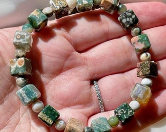 8th Vein Ocean Jasper Cube Beaded Bracelet, Orbicular Ocean Jasper old stock collectors edition Colorful beads, AAA Grade Crystals, #8