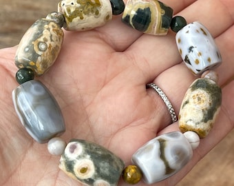 8th 6th 4th Vein Ocean Jasper Bracelet with Big Barrel beads,  Orbicular Ocean Jasper old stock collectors edition