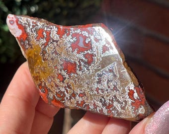 Rare Moroccan Agate with Metallic Hematite Dendrites – Polished Collector Crystal, Natural Scenic Agate Specimen, Orange & Red Freeform