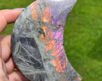 Labradorite Moon on Stand: Purple Sunset Flash, Celestial Decor