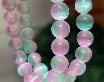 Teal and Purple Selenite bead Bracelet with a Cats Eye Flash, Crystal beaded bracelet gifts, #222