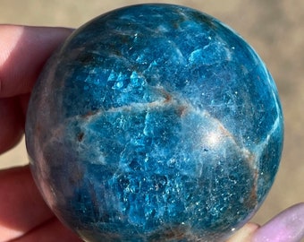 Blue Apatite HQ Flashy Sparkly Sphere, Manifestation Stone Brazilian Deep Blue Apatite Ball - No.84