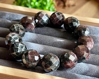 Garnet Bracelet - Stretch 15mm faceted bead Crystal Bracelet, Rare Gemstone Stacking Jewelry, Unique Handmade Gift