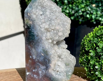 Moss Agate & Red Sea Jasper Statement Tower with Sugar Quartz / Druzy Cluster Moss Agate Crystal Point