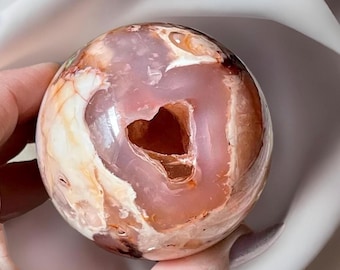 Pink Carnelian Flower Agate Sphere with a Natural Heart Cave, Unique Red & Pink Agate Crystals, Beautiful Statement Crystal Gifts