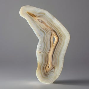 Peut inclure: Une tranche d'agate polie de forme organique unique. La pierre présente des bandes concentriques crème, beige et marron, créant un effet de superposition. Une veine centrale de couleur plus claire traverse le centre, avec une ouverture en forme de losange. L'agate est sur fond gris.