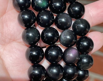 Purple and Green Obsidian Bracelet, Rainbow Obsidian beads 12 mm