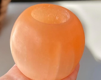 Peach Selenite XL Round Candle Holder & Sphere Stand