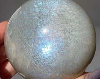 Green Moonstone XXL Sphere with BLUE Silver Flash, High Quality Silky Sage Green Moonstone, Rare Crystal Find