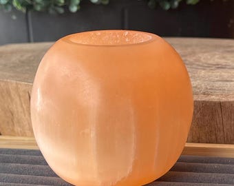 Peach Selenite XL Round Candle Holder & Sphere Stand