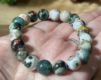 1st Vein Ocean Jasper Round Beaded Bracelet, Orbicular Ocean Jasper old stock collectors edition Colorful beads, AAA Grade Crystals, #27