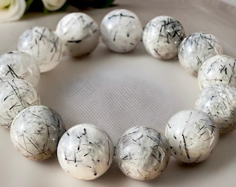 Black Tourmaline in quartz Bracelet •18mm Large Tourmalinated Quartz beads • Manifestation Stone Jewelry • Unique Gemstone Layering Bracelet