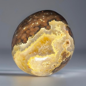May include: A polished, oval-shaped agate stone. The stone features a mix of colors, including brown, yellow, and white, with intricate patterns and bands. The surface has a smooth, glossy finish, highlighting the natural beauty of the gemstone.