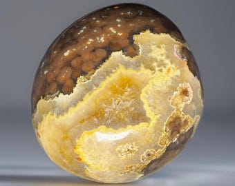 Jelly Ocean Jasper, Polished Madagascar Ocean Jasper with Burnt Orange Orbs & Yellow Flowers, Orbicular Madagascar Carving (211)