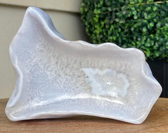 Blue Lace Agate XLarge Crystal Bowl, Handcarved Unique Natural Agate Trinket Jewelry Dish