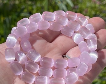 Pink Selenite barrel bead Bracelet with a Cats Eye Flash, Crystal beaded bracelet gifts, #111